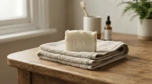 An unscented soap for rosacea placed neatly on a folded organic cotton flannel