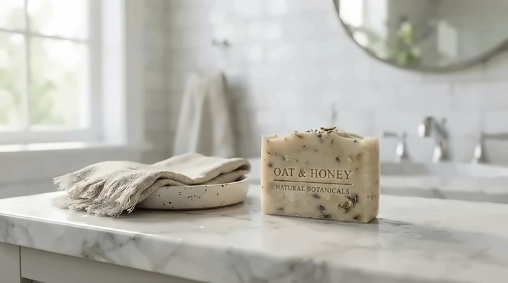Skincare essentials including a mild soap for rosacea on a marble countertop