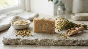 Natural botanical ingredients used in crafting a nourishing soap for rosacea