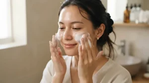 Applying a calming soap for rosacea to help manage daily facial flushing