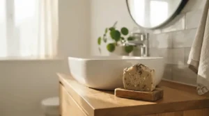 A gentle bar of soap for eczema resting beside a white ceramic basin in a bright bathroom.