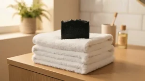 A spa gift set including a charcoal soap bar resting on a neatly rolled stack of cotton bath towels.