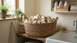 An unscented soap bars multipack stored in a wicker basket for household bulk buy organisation