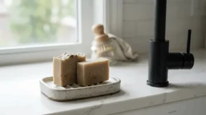 An unscented soap bars multipack beside a stainless steel kitchen sink for everyday family hand washing