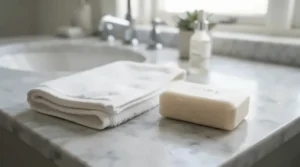 An unscented soap bars multipack shown with a gentle cotton flannel for sensitive skin care routines