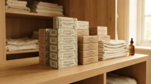 An unscented soap bars multipack neatly stacked inside an airing cupboard for household stockpiling